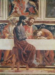 Das letzte Abendmahl, Detail von Johannes, Petrus, Jesus und Judas, 1477 (Detail)